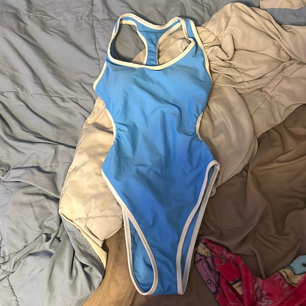 light blue open back one-piece bathing suit
